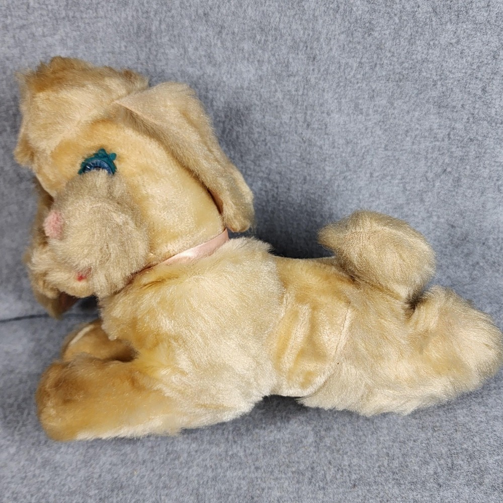 Vintage Knickerbocker Plush Dog Stuffed Animal Blue Eyes Pink Ribbon Japan 11"‎